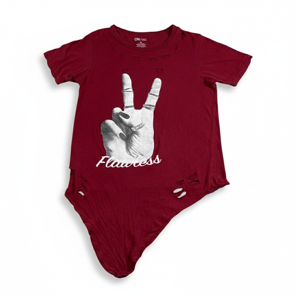 On Fire Flawless Peace Sign Distressed Bodysuit Maroon Red Cotton Size Medium
